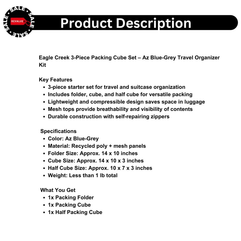 Eagle Creek 3-Piece Packing Cube Set – Az Blue-Grey Travel Organizer Kit - Picture 2 of 6